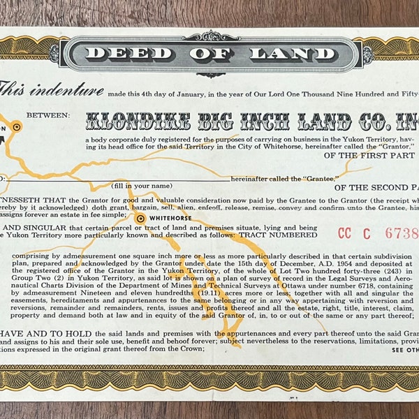 1955 Klondike Big Inch Land Deed Co. Inc. certificate for Whitehorse, Yukon Territory, Canada - unsigned