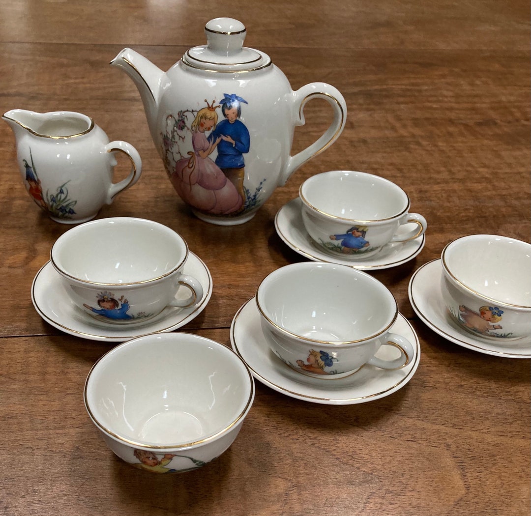 Antique Flower Fairy Tea Set Child's Teapot, Creamer, Sugar and Four
