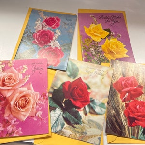 Lot de cinq cartes d'anniversaire sur le thème des roses des années 1970 avec dictons bibliques - cartes d'anniversaire vintage kitsch