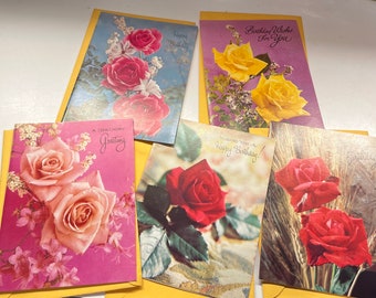 Set of five 1970s Rose-themed birthday cards with biblical sayings - kitschy vintage birthday cards