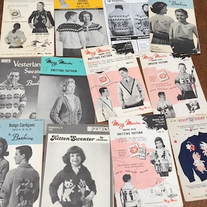 May include: A collection of vintage knitting patterns featuring various designs for sweaters, cardigans, and pullovers. The patterns are printed on paper and feature illustrations of the finished garments.