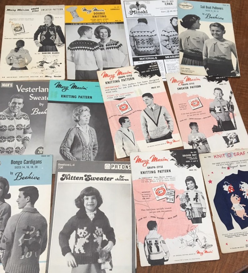 1950s and 1960s; one 1980s Native American pattern Cree 12 vintage knitting patterns for children and adults