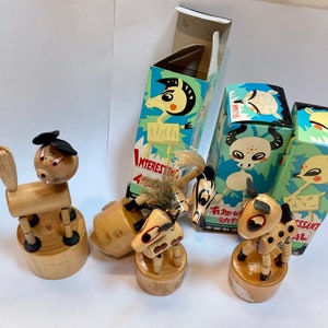 Vintage wooden push puppets -Wakouwa -1990s - Made in China painted by hand, some with original boxes - cat, dog, zebra, deer
