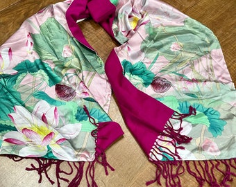 Vintage Chinese silk shawl - two sided - fuchsia and silky lotus flowers and water lilies with fringe