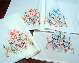 4 kitten towels - liquid embroidery - vintage 1970s - 2 tragically flawed