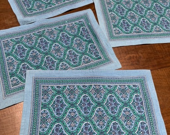 4 Vintage Indian print placemats- blue and green