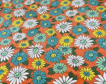 1970s orange daisy tablecloth with turquoise, aqua and yellow flowers, sold AS IS
