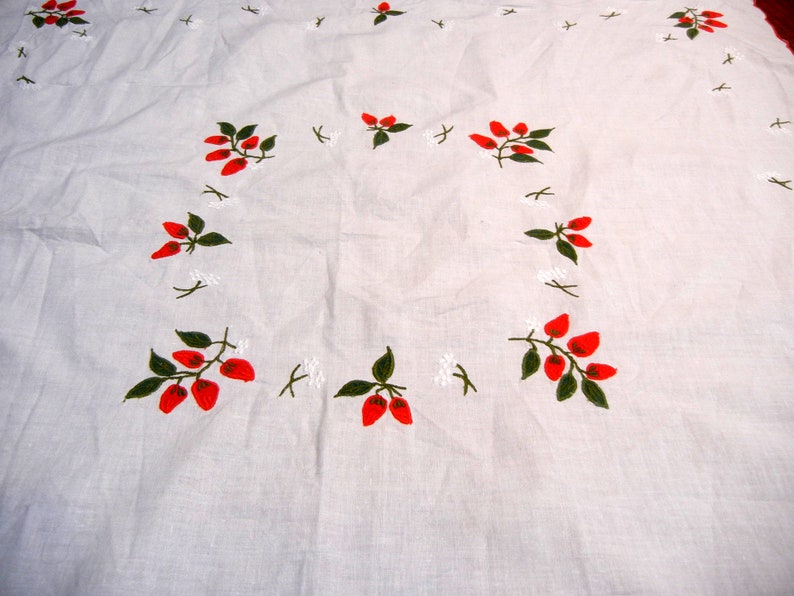 red and white Embroidered applique strawberry tablecloth vintage bridge size cloth Strawberry Social