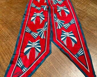 Vintage tie scarf - Monique Martin - long tie scarf in dark turquoise, red and white - sold AS IS