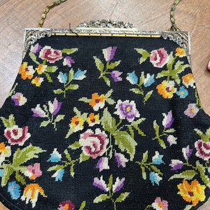 1960 Petit point evening purse with contents: atomic pill case, cotton hanky and matchbook