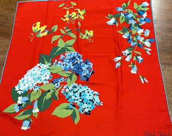 Vintage floral scarf by Paul Darel with hydrangea and tiger lilies - bright orange scarf