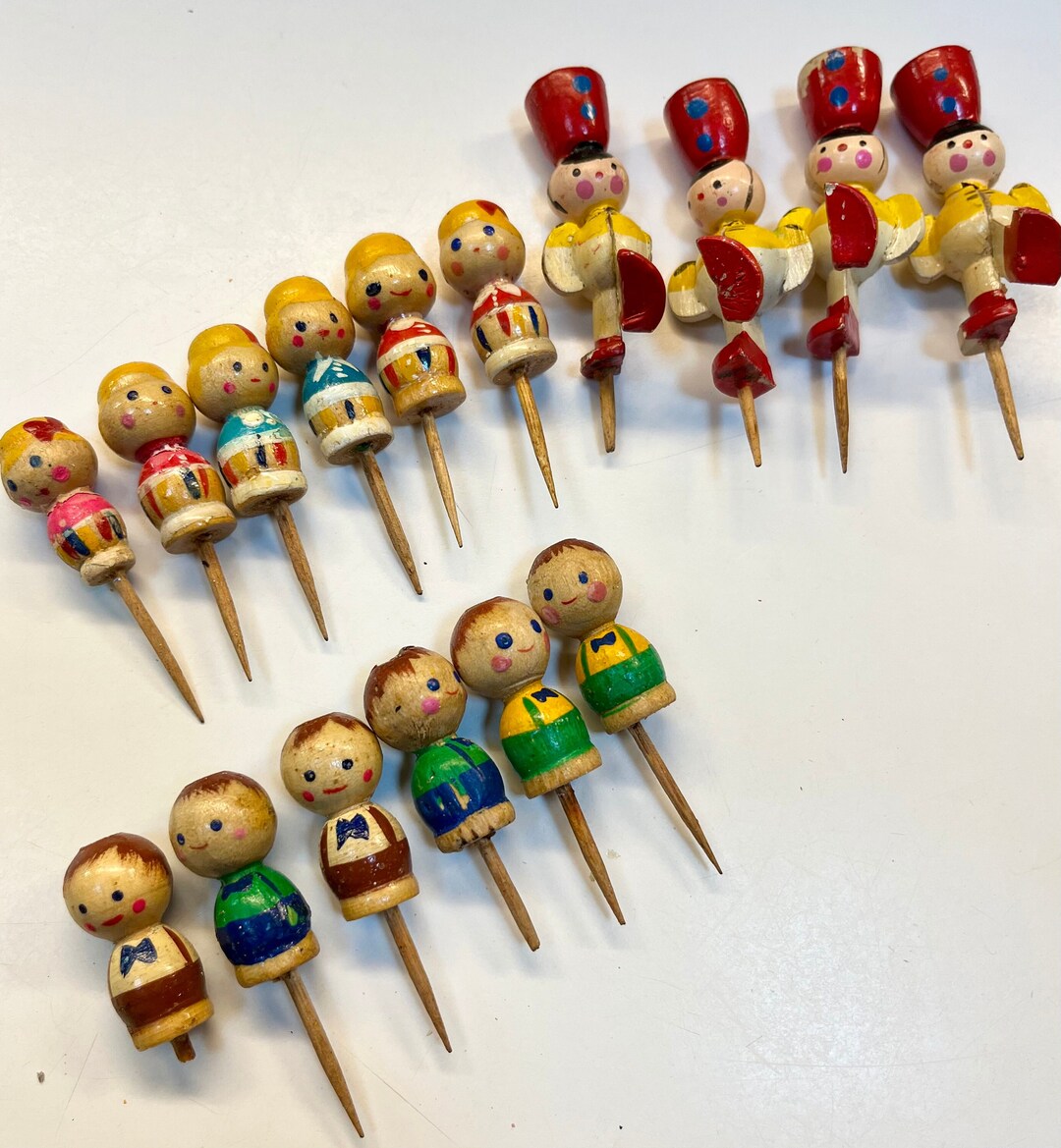 Lot of 16 Vintage Wooden Birthday Candle Holders 4 Soldiers and 12 Boys