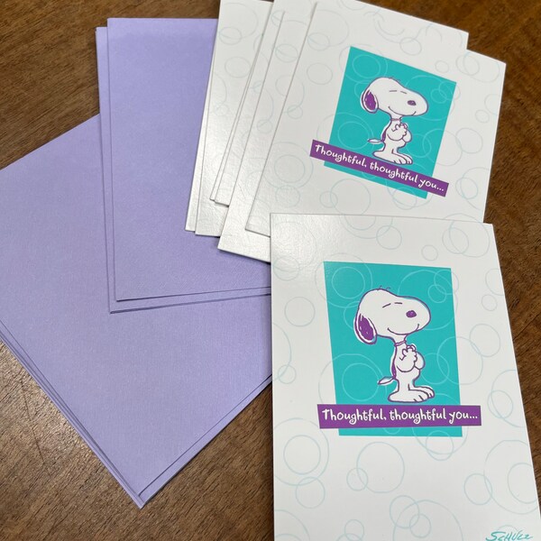 7 Snoopy thank you cards with purple envelopes - Vintage Peanuts cards - new old stock