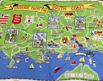 Tea towel England's South Coast - decorative tea towel with map and coats of arms - vintage, souvenir tea towel