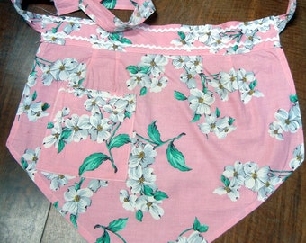 Vintage cherry blossom apron with pink background - 1960s hostess apron