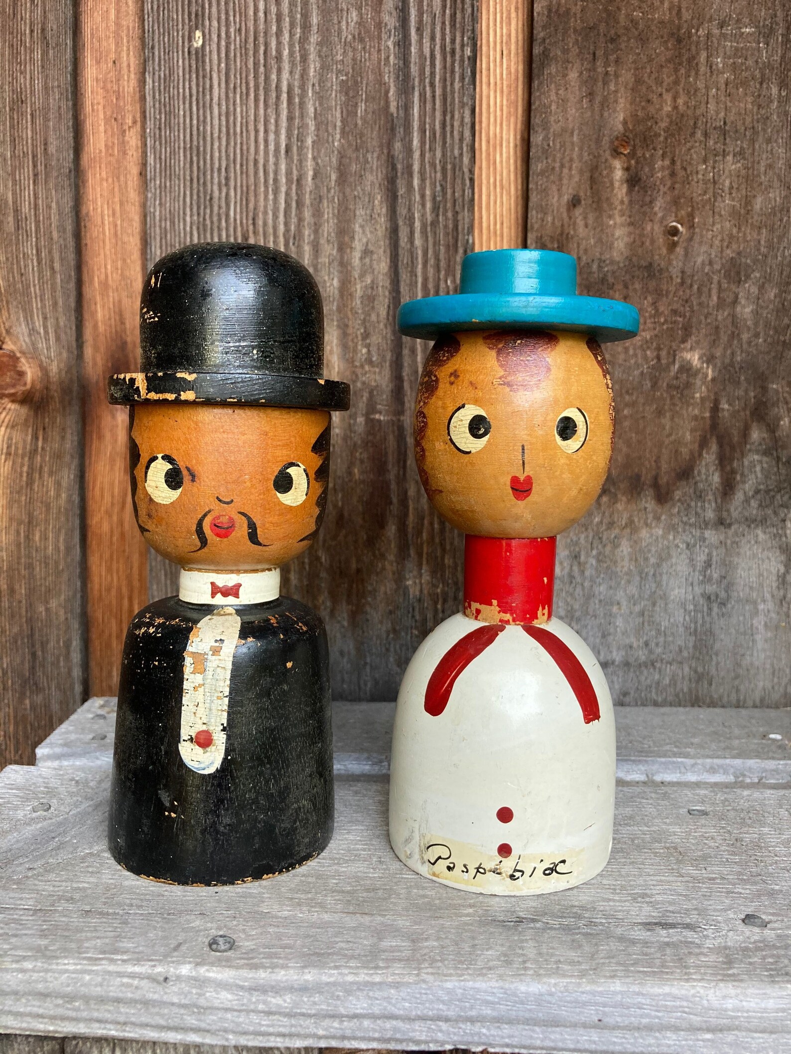 Extra Tall Wooden Salt and Pepper Shakers of Couple Vintage Etsy