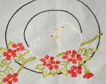 Lovebird table runner - hand-embroidered - mid-century