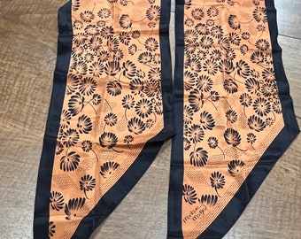 Vintage Monique Martin silk scarf- long tie scarf with Asian floral motif, made in Japan - burnt orange and black scarf
