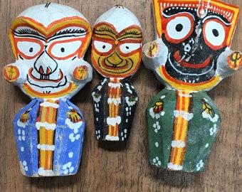 3 Miniature folk art Southeast Asian figures - Vietnamese or Cambodian wooden figures - handpainted and carved