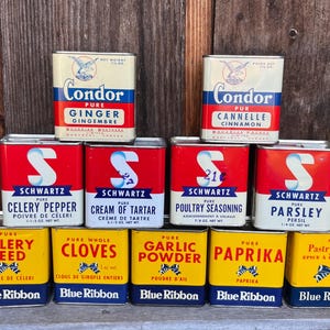 INSTANT COLLECTION! Lot of 11 mid-century spice tin boxes - Blue Ribbon, Schwartz, Condor brands