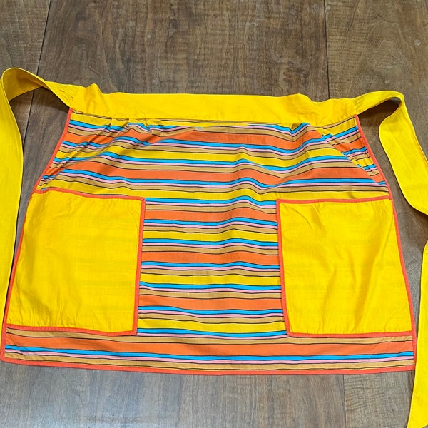 Vintage 1960s or '70s mod apron - striped neon yellow, orange, blue psychedelic apron