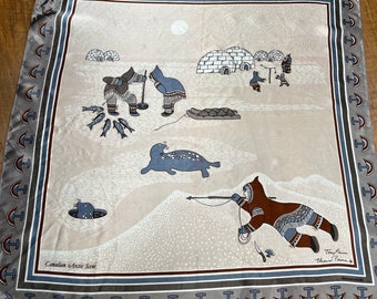 Vintage Inuit scarf - Canadian Arctic Scene scarf with ulu knife border by Eleanor Paine and Tory Paine