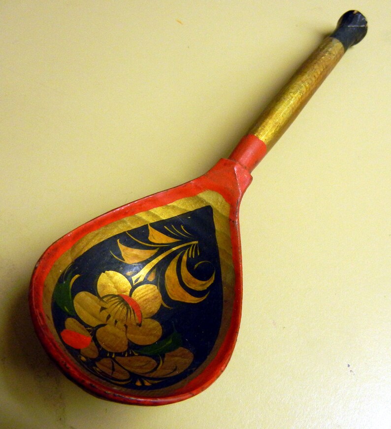Russian Folk Art Spoons Khokhloma Spoon 2 vintage 1960s Russian spoons Vintage Russian Wooden Spoons