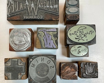 Antique letterpress advertising blocks vintage print blocks 1940s copper and zinc wooden with metal 1960s