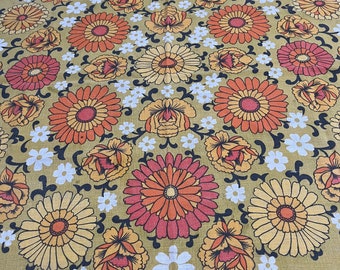 1970s harvest gold bridge size tablecloth with orange and yellow flowers - sold AS IS