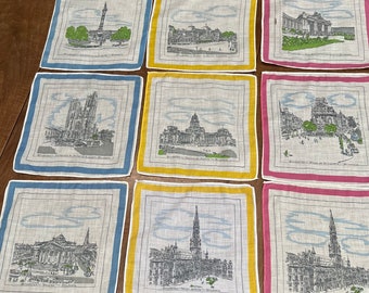 Set of nine handkerchiefs, souvenir of Brussels, Belgium, vintage hankies - new old stock