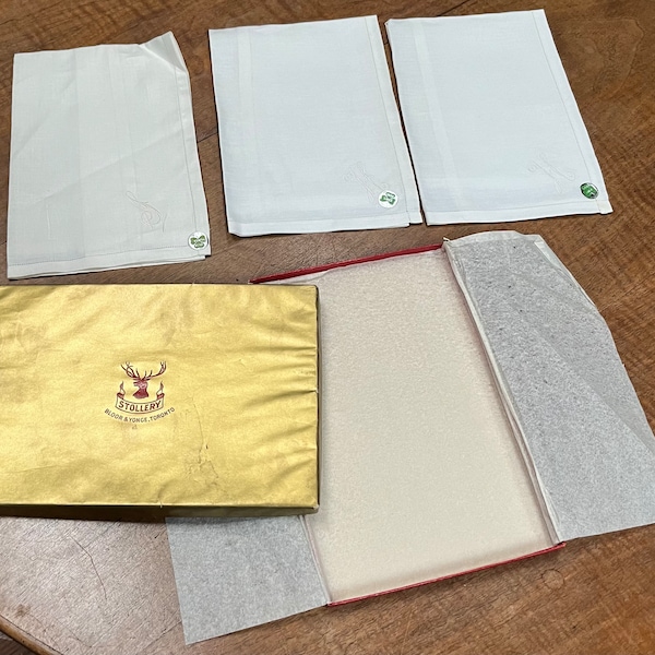 Set of 3 extra large handkerchiefs, made in Ireland - Irish linen hankies from Stollery’s, Toronto, hand-embroidered initials