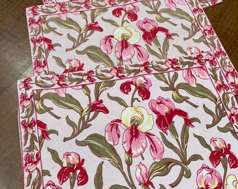 3 Vintage April Cornell placemats - pink and red with iris pattern on pale pink background - floral placemats