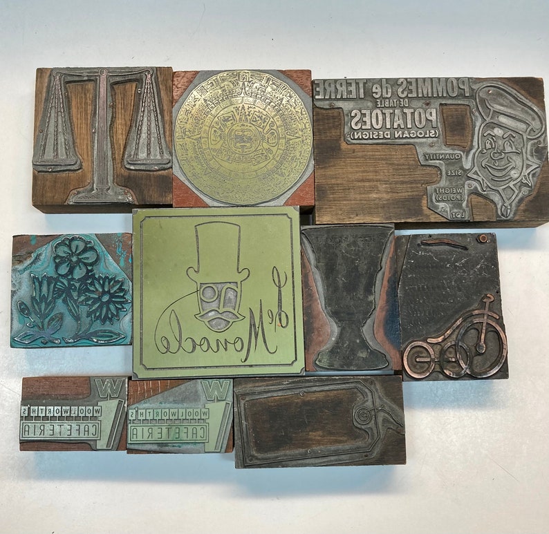 Antique letterpress advertising blocks vintage print blocks 1940s copper and zinc wooden with metal 1960s