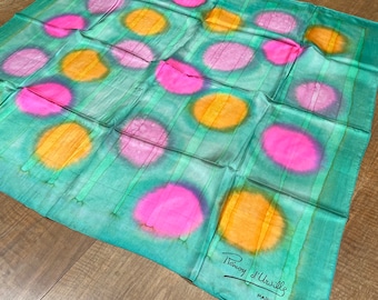 Vintage silk scarf by Rémoy d'Urville - tie dye silk scarf in green, pink and orange - Foulard Martin Scarf Creations