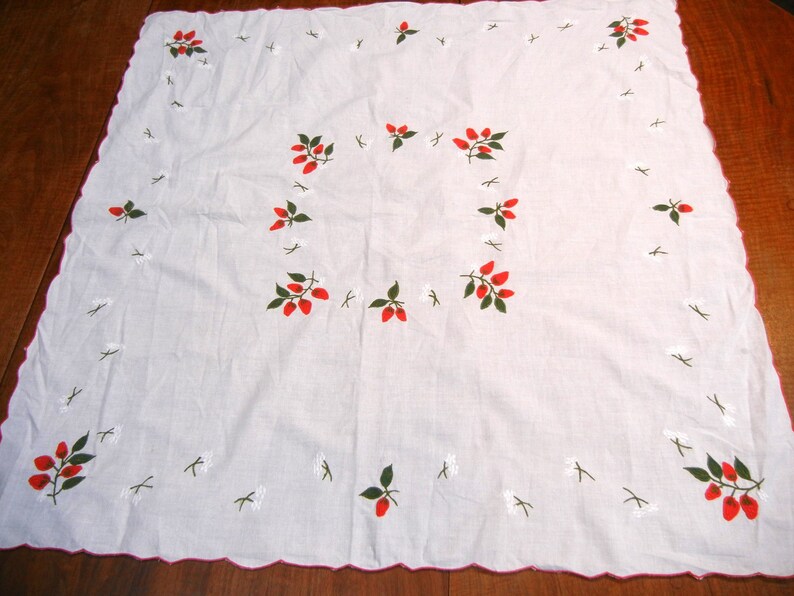red and white Embroidered applique strawberry tablecloth vintage bridge size cloth Strawberry Social