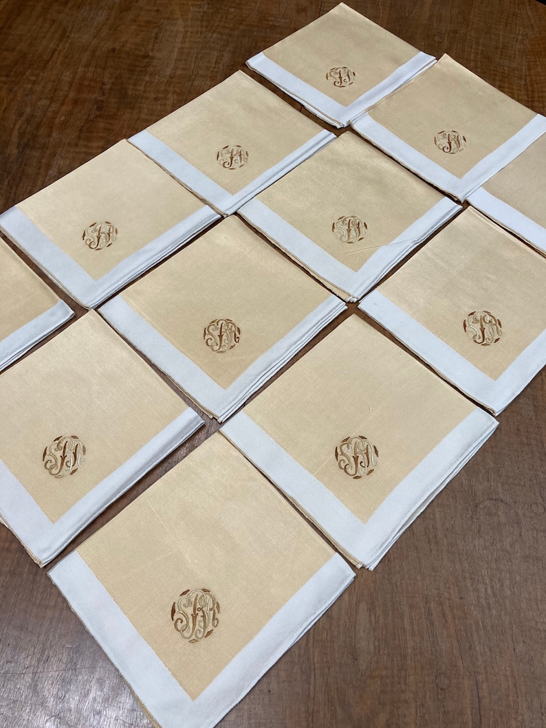 12 Antique Damask Dinner Napkins Gold and White Monogrammed Etsy