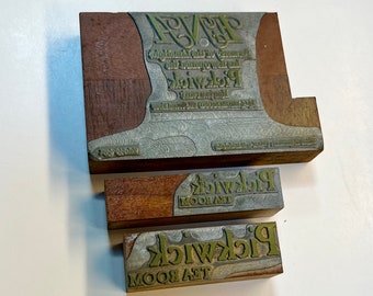 Set of 3 letterpress printing blocks for Pickwick Tearoom