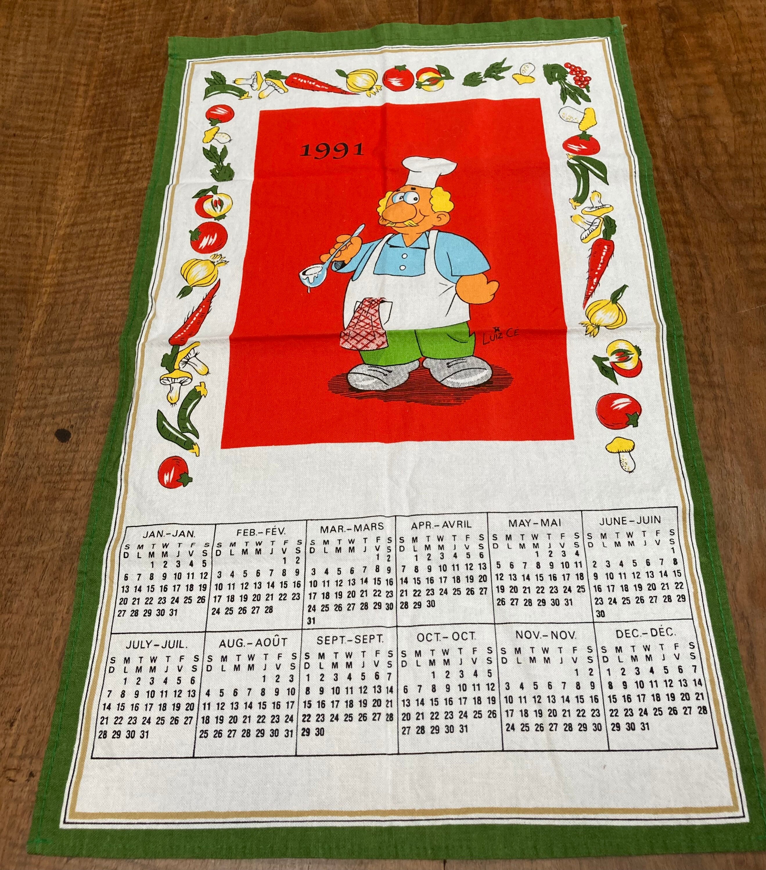 1991 Calendar Tea Towel Cartoon Chef With Veggies - Etsy