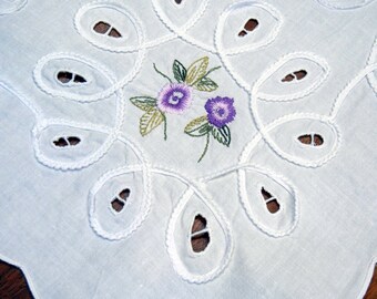 White tablecloth with purple embroidered flowers - cutwork, applique