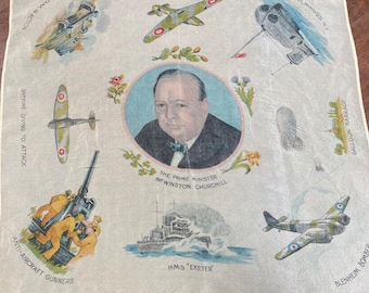 1940s Winston Churchill handkerchief - silky vintage hanky from World War II