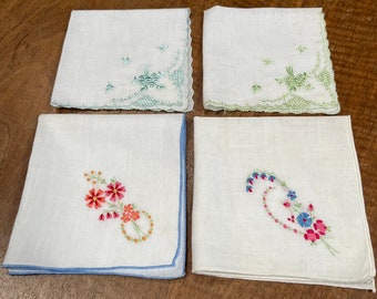 4 Vintage handkerchiefs hand-embroidered- midcentury hankies- bridal party favor to dry tears of joy