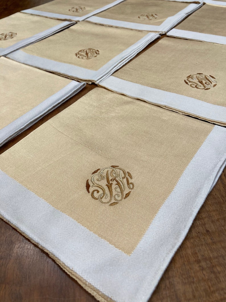12 Antique Damask Dinner Napkins Gold and White Monogrammed Etsy