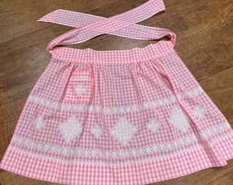 Vintage pink gingham apron with hand-embroidery