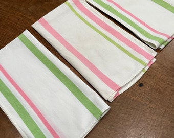 Set of 3 pink and green striped vintage cotton tea towels by Cannon, made in USA