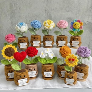 Puede incluir: Una colección de flores de ganchillo en macetas marrones con caras sonrientes. Cada maceta tiene una etiqueta blanca con el texto Emotional Support Plant. Las flores incluyen rosas, girasoles y margaritas en varios colores como rosa, azul, amarillo y rojo.