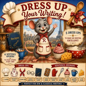 May include: A colorful educational poster titled DRESS UP YOUR WRITING! featuring a cartoon mouse wearing a red-spotted apron and chef hat. The scene includes a recipe book, a cupcake, cheese, and icons for sentence openers and writing tips.