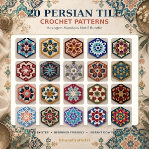 Puede incluir: Una colección digital titulada 20 PERSIAN TILE CROCHET PATTERNS Hexagon Mandala Motif Bundle. La imagen muestra veinte motivos de ganchillo hexagonales únicos y coloridos dispuestos en una cuadrícula, con diseños florales y geométricos.