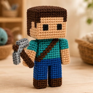 Pode incluir: Uma boneca de crochê em forma de bloco com cabeça quadrada, cabelo castanho, rosto bege com olhos pretos quadrados, camisa azul-petróleo, calças azuis e sapatos castanhos. Uma alça castanha diagonal cruza o peito e segura uma picareta.