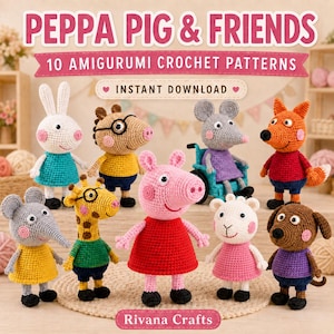 Puede incluir: Una colección de patrones digitales titulada Peppa Pig & Friends 10 Amigurumi Crochet Patterns Instant Download. La imagen muestra nueve figuras de animales tejidas a ganchillo, incluyendo un cerdo rosa, un conejo blanco, un perro marrón y un ratón gris en silla de ruedas.