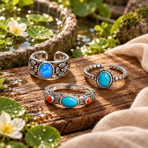 Könnte beinhalten: Drei silberfarbene Ringe mit offenen Ringschienen. Ein Ring zeigt einen großen blauen, opalartigen Stein und florale Metallverzierungen. Ein weiterer Ring hat einen ovalen türkisfarbenen Stein. Der dritte Ring besitzt einen türkisen Stein mit zwei roten Akzenten.